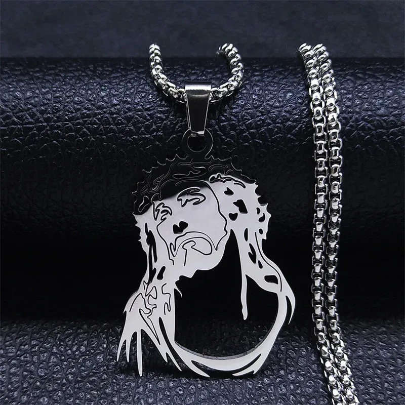 Christ God Cross Jesus Crown of Thorns Chain Necklace Men Stainless Steel Crucifix Necklace