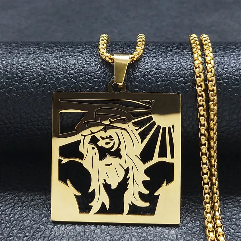Christ God Cross Jesus Crown of Thorns Chain Necklace Men Stainless Steel Crucifix Necklace