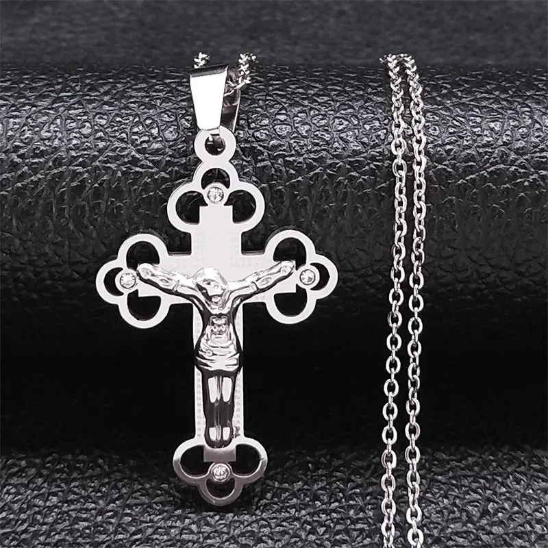 Christ God Cross Jesus Crown of Thorns Chain Necklace Men Stainless Steel Crucifix Necklace
