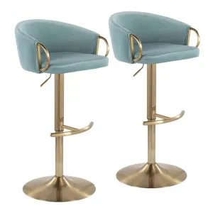 Claire Contemporary/Glam Adjustable  Bar Stool in Gold Metal and Light Blue Velvet by LumiSource - Set of 2