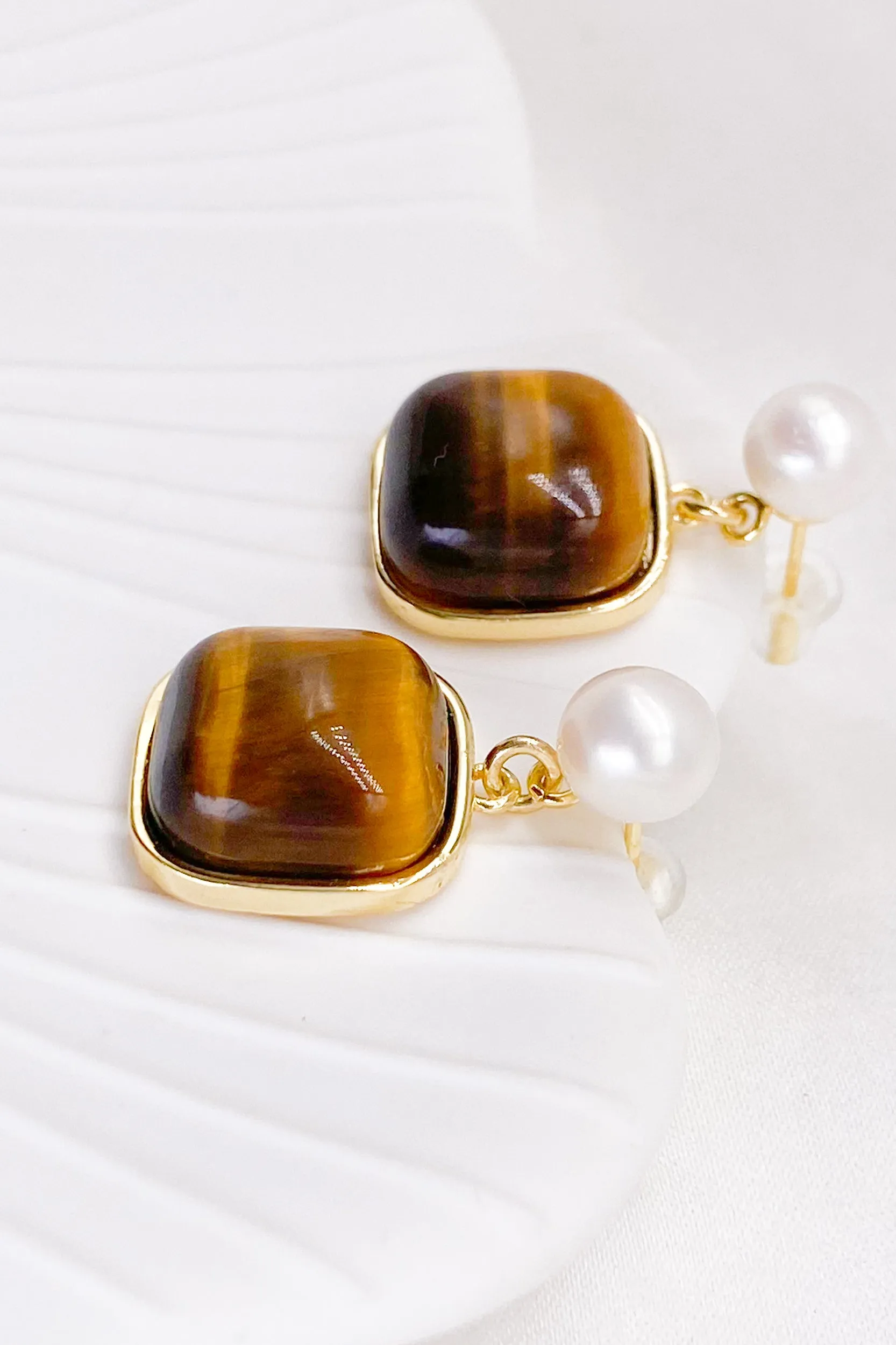 Clara Tiger's Eye Pearl Drop Earrings