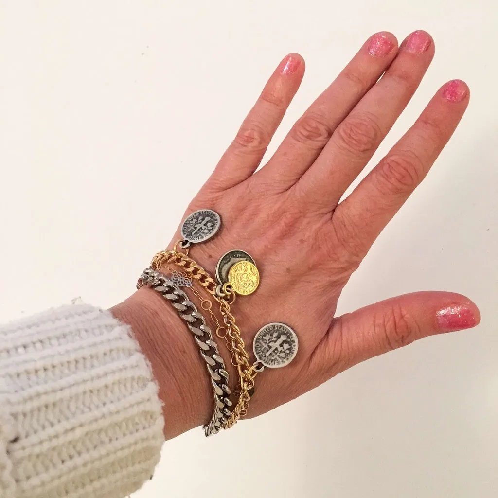 Coin Layered Bracelet in Gold and Silver. Coin Jewelry.