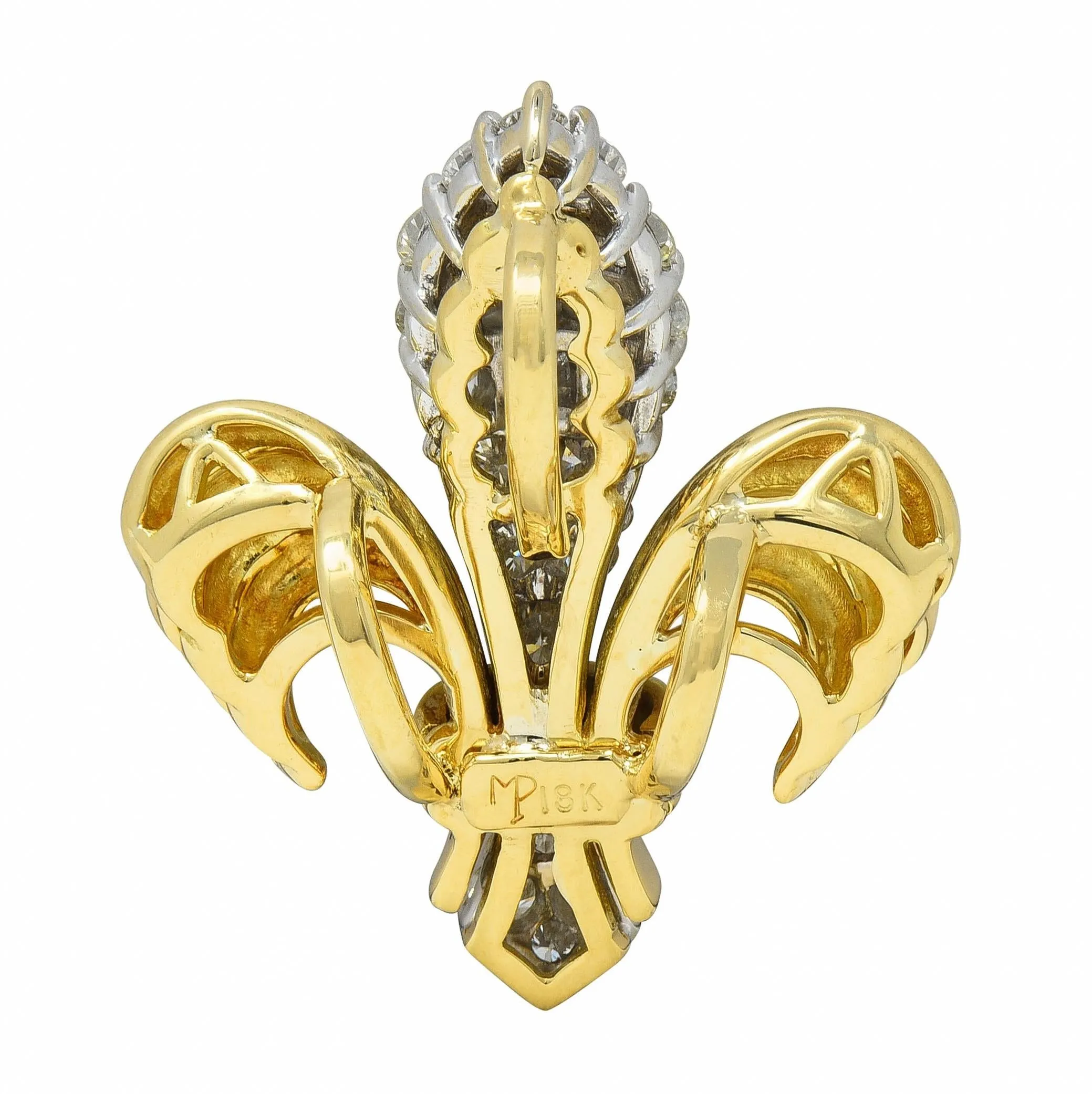 Contemporary 1.30 CTW Diamond 18 Karat Two-Tone Gold Fleur-De-Lis Pendant