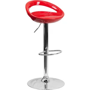 Contemporary Red Plastic Adjustable Height Barstool With Rounded Cutout Back And Chrome Base By Flash Furniture