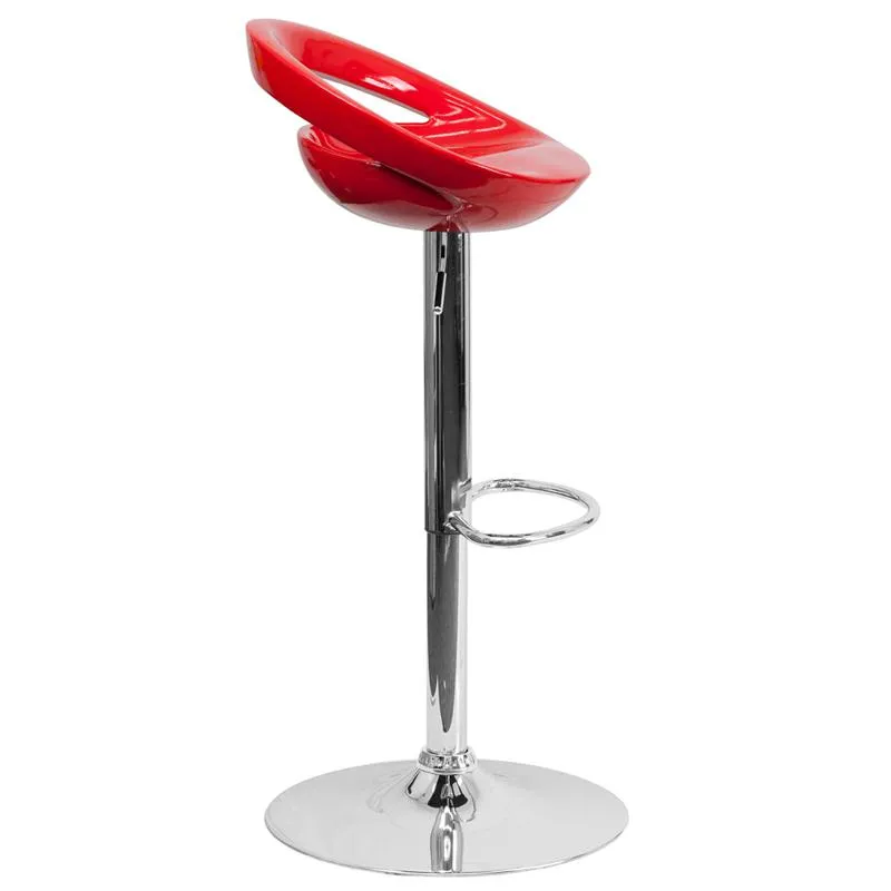 Contemporary Red Plastic Adjustable Height Barstool With Rounded Cutout Back And Chrome Base By Flash Furniture