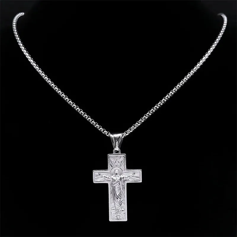 Cross Jesus Necklace Pendant for Men Women Stainless Steel Silver Color