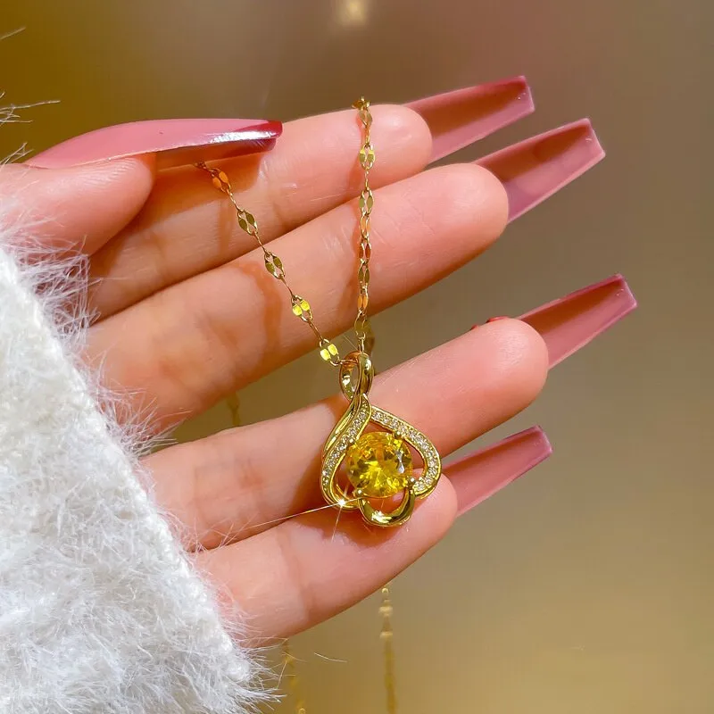 Dainty Female Champagne Color AAA Cubic Zirconia Pendant Necklace