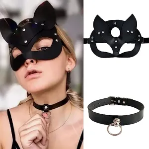 Delicate Dew Women Leather Cat Mask and Necklace Set Halloween Cosplay Party Punk Accessories (Cat Mask/Ring Choker)