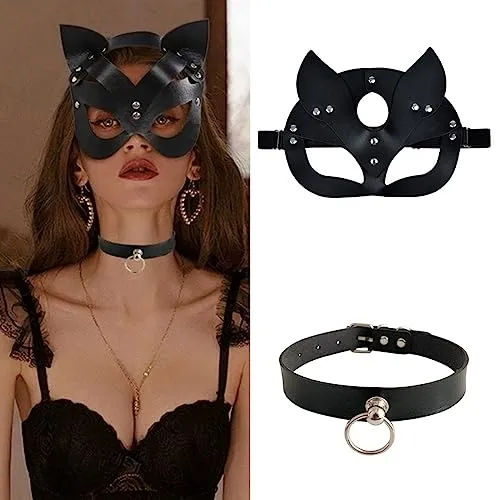 Delicate Dew Women Leather Cat Mask and Necklace Set Halloween Cosplay Party Punk Accessories (Cat Mask/Ring Choker)