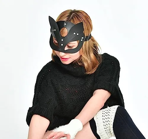 Delicate Dew Women Leather Cat Mask and Necklace Set Halloween Cosplay Party Punk Accessories (Cat Mask/Ring Choker)