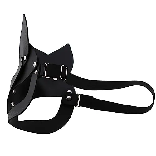 Delicate Dew Women Leather Cat Mask and Necklace Set Halloween Cosplay Party Punk Accessories (Cat Mask/Ring Choker)