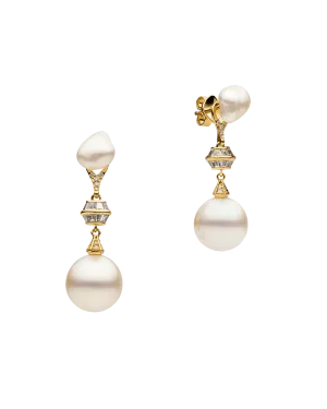 Diamond Sea Buoy Pearl Earring Enhancers | 12mm Semi-Round Pearl, Diamonds and Yellow Gold