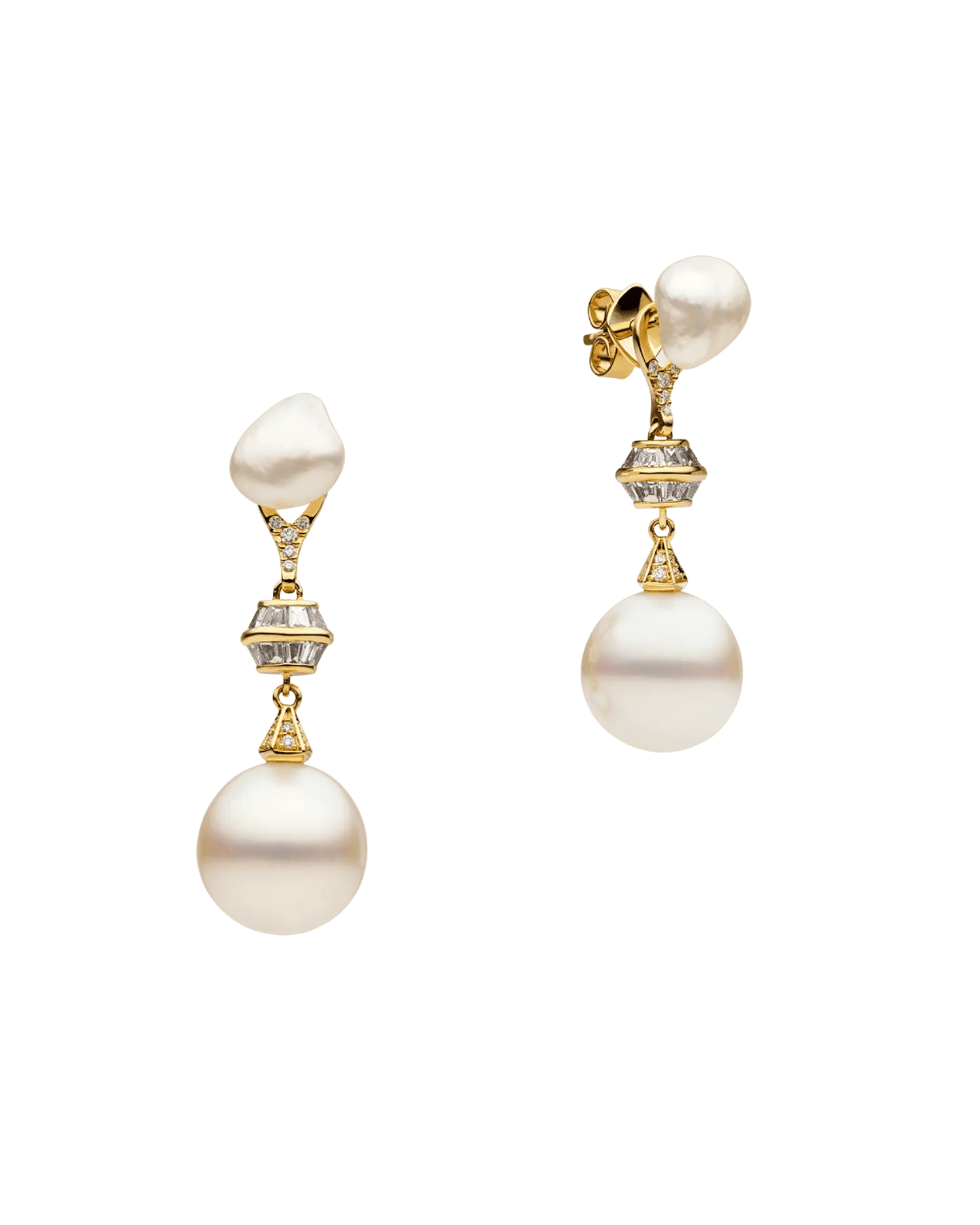 Diamond Sea Buoy Pearl Earring Enhancers | 12mm Semi-Round Pearl, Diamonds and Yellow Gold
