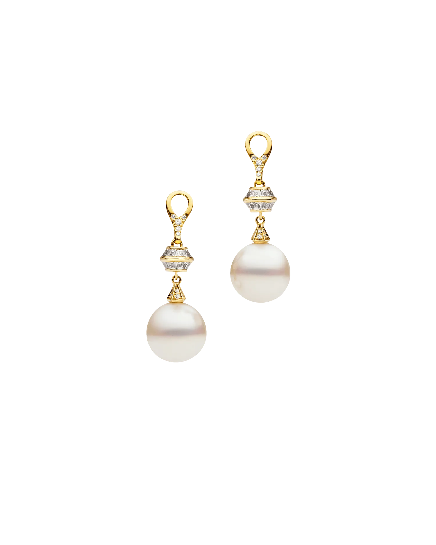 Diamond Sea Buoy Pearl Earring Enhancers | 12mm Semi-Round Pearl, Diamonds and Yellow Gold