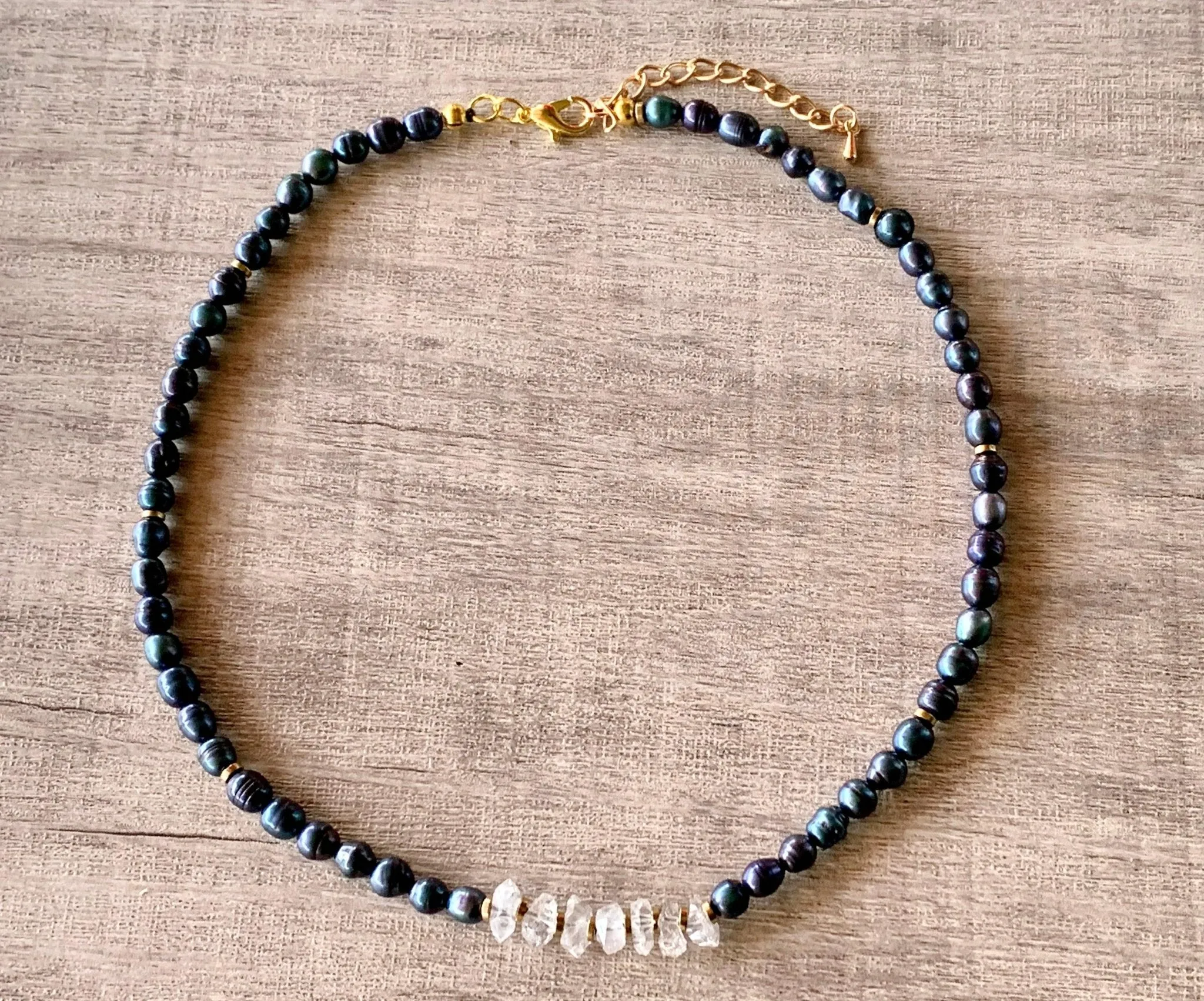 Durriya Handmade Baroque Pearl, Herkimer Diamond, and Gold Plated Hematite 15" Choker/ Necklace