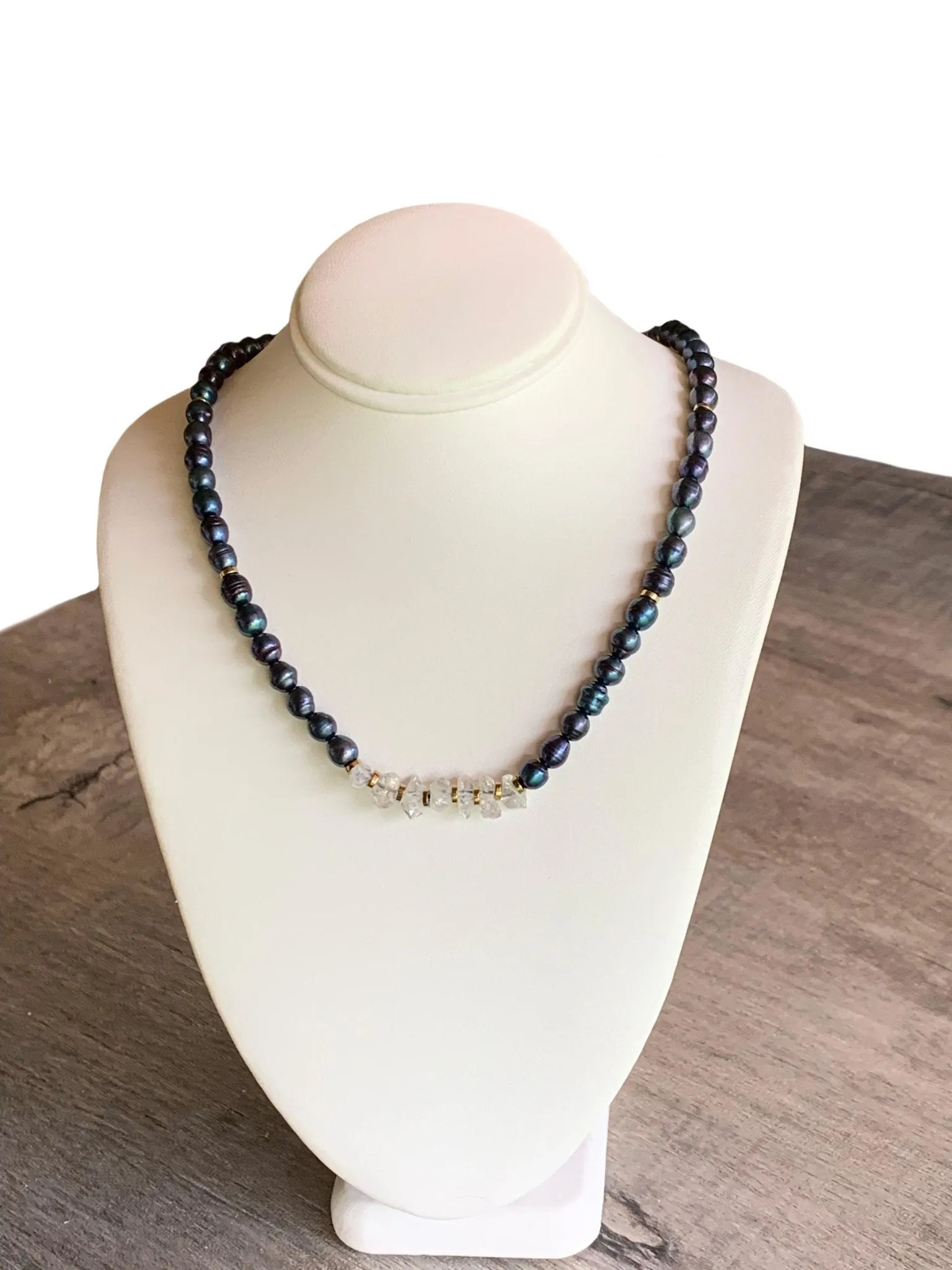 Durriya Handmade Baroque Pearl, Herkimer Diamond, and Gold Plated Hematite 15" Choker/ Necklace