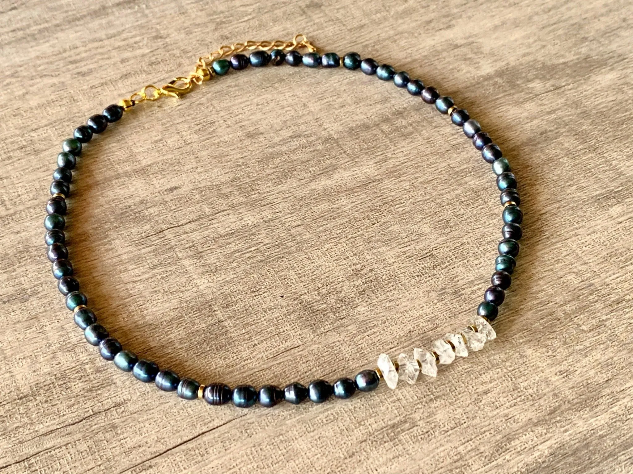Durriya Handmade Baroque Pearl, Herkimer Diamond, and Gold Plated Hematite 15" Choker/ Necklace