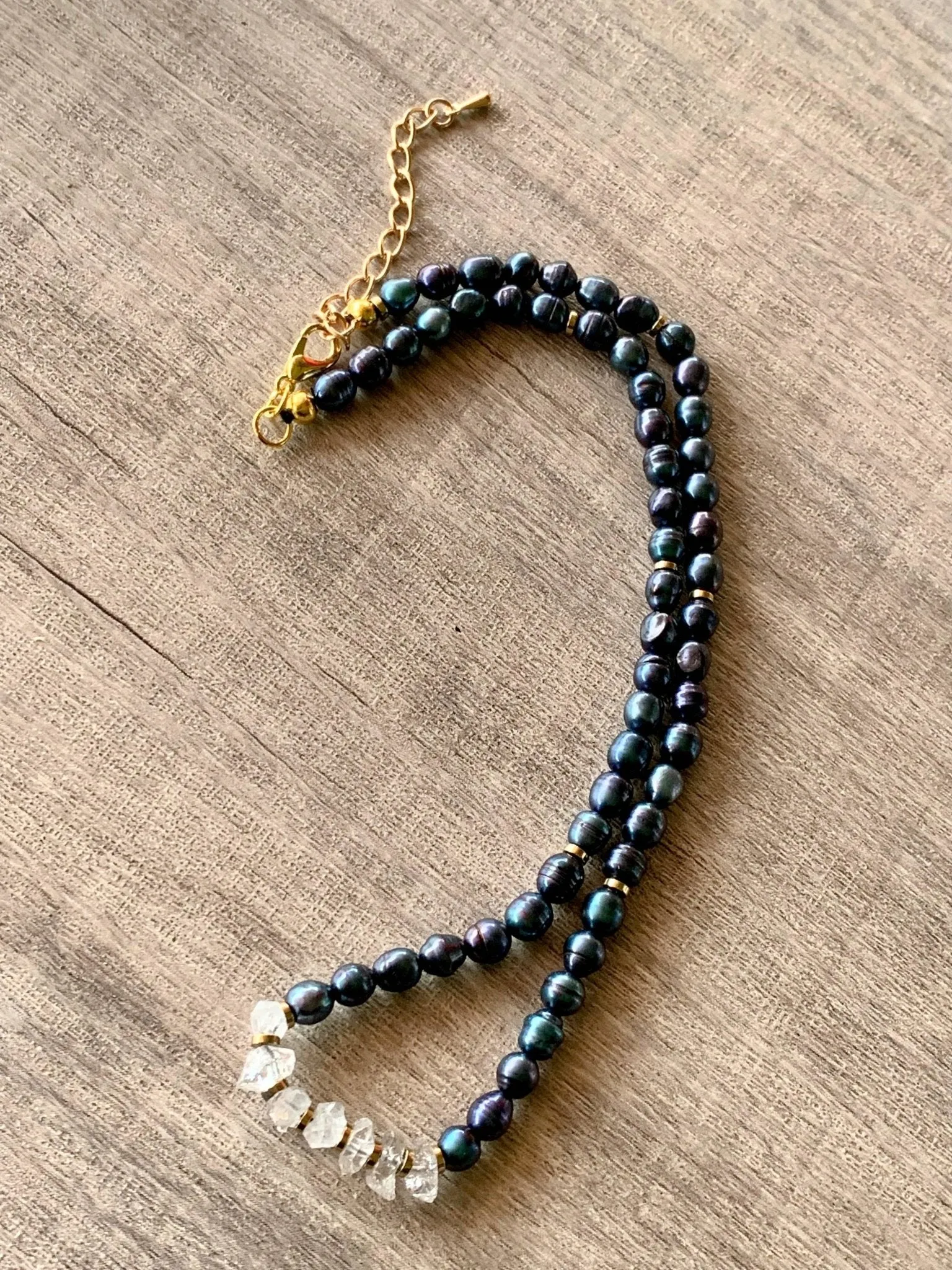 Durriya Handmade Baroque Pearl, Herkimer Diamond, and Gold Plated Hematite 15" Choker/ Necklace
