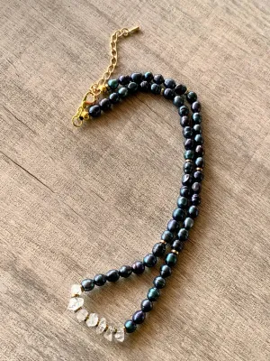 Durriya Handmade Baroque Pearl, Herkimer Diamond, and Gold Plated Hematite 15" Choker/ Necklace