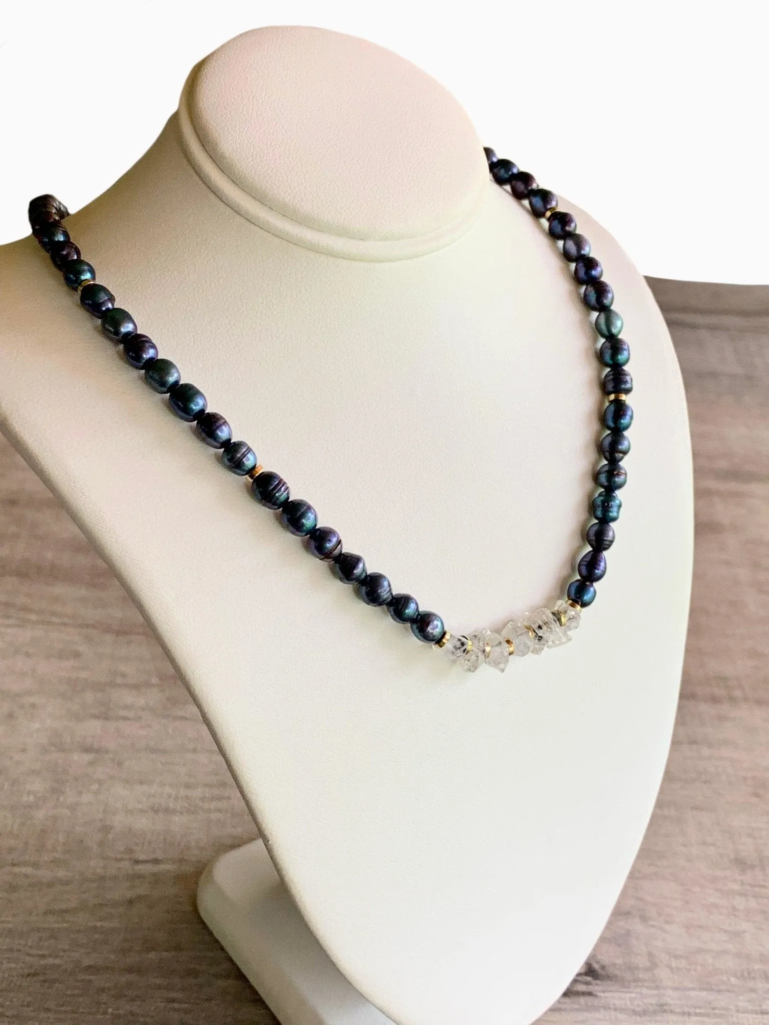 Durriya Handmade Baroque Pearl, Herkimer Diamond, and Gold Plated Hematite 15" Choker/ Necklace