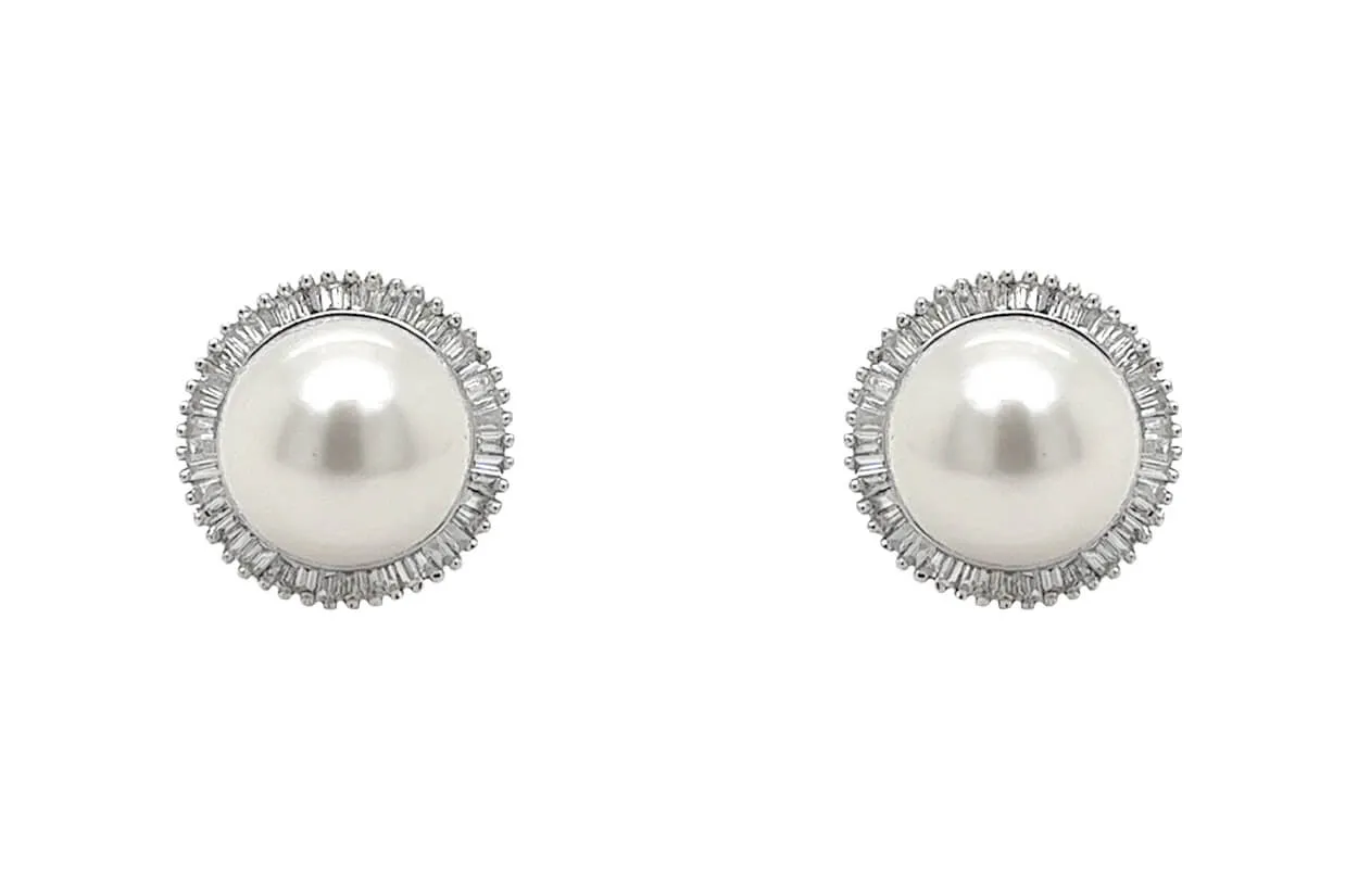 Earrings 18kt Gold Pearls & Baguette Diamonds Halo Studs