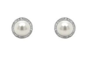 Earrings 18kt Gold Pearls & Baguette Diamonds Halo Studs