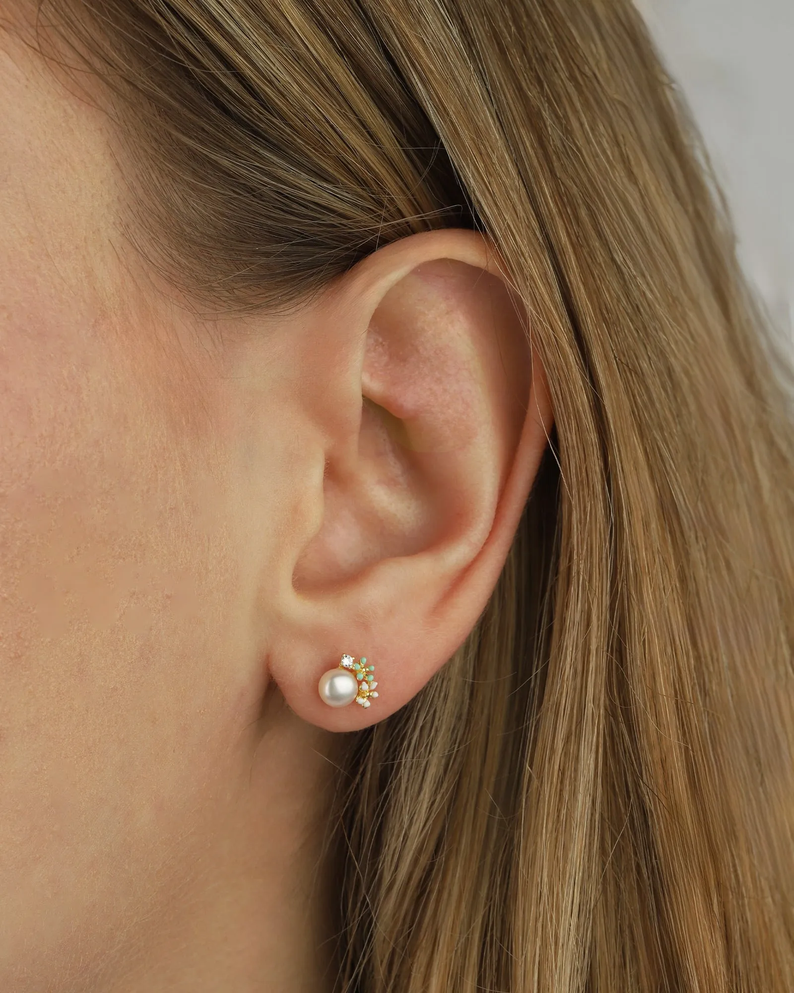 Enamel 2 Flower CZ   Pearl Studs