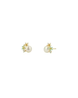Enamel 2 Flower CZ   Pearl Studs