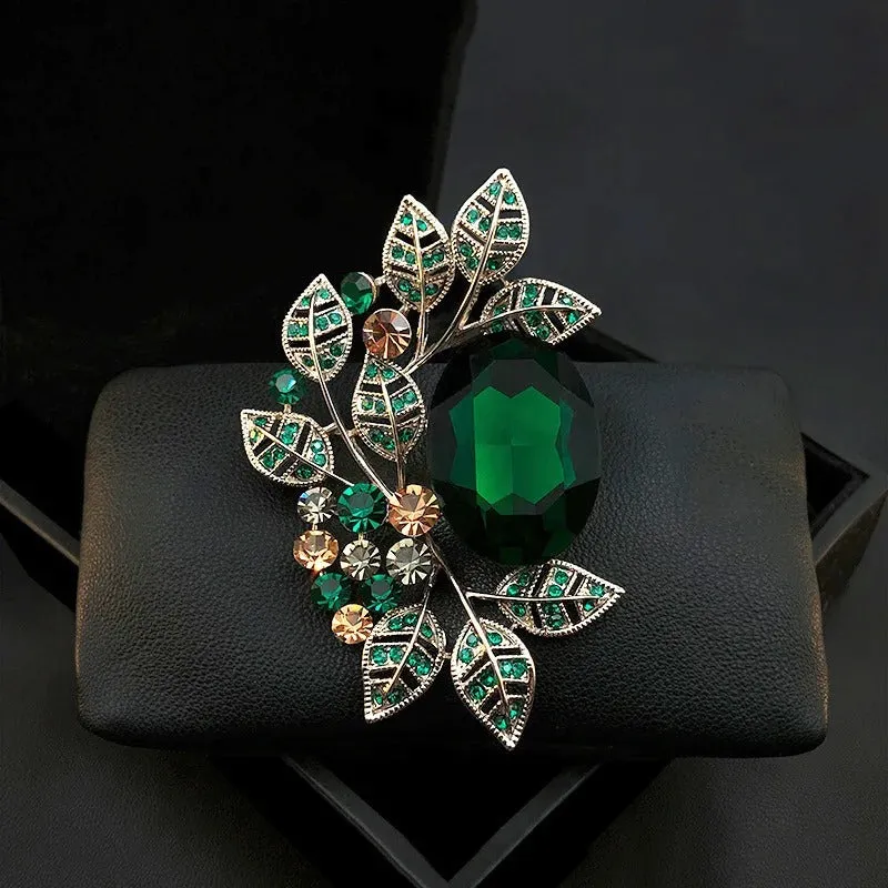 Exquisite Rhinestone Embellished Leaves Brooch Pin