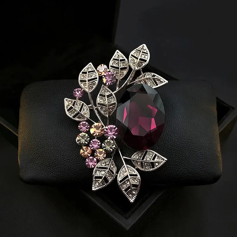 Exquisite Rhinestone Embellished Leaves Brooch Pin