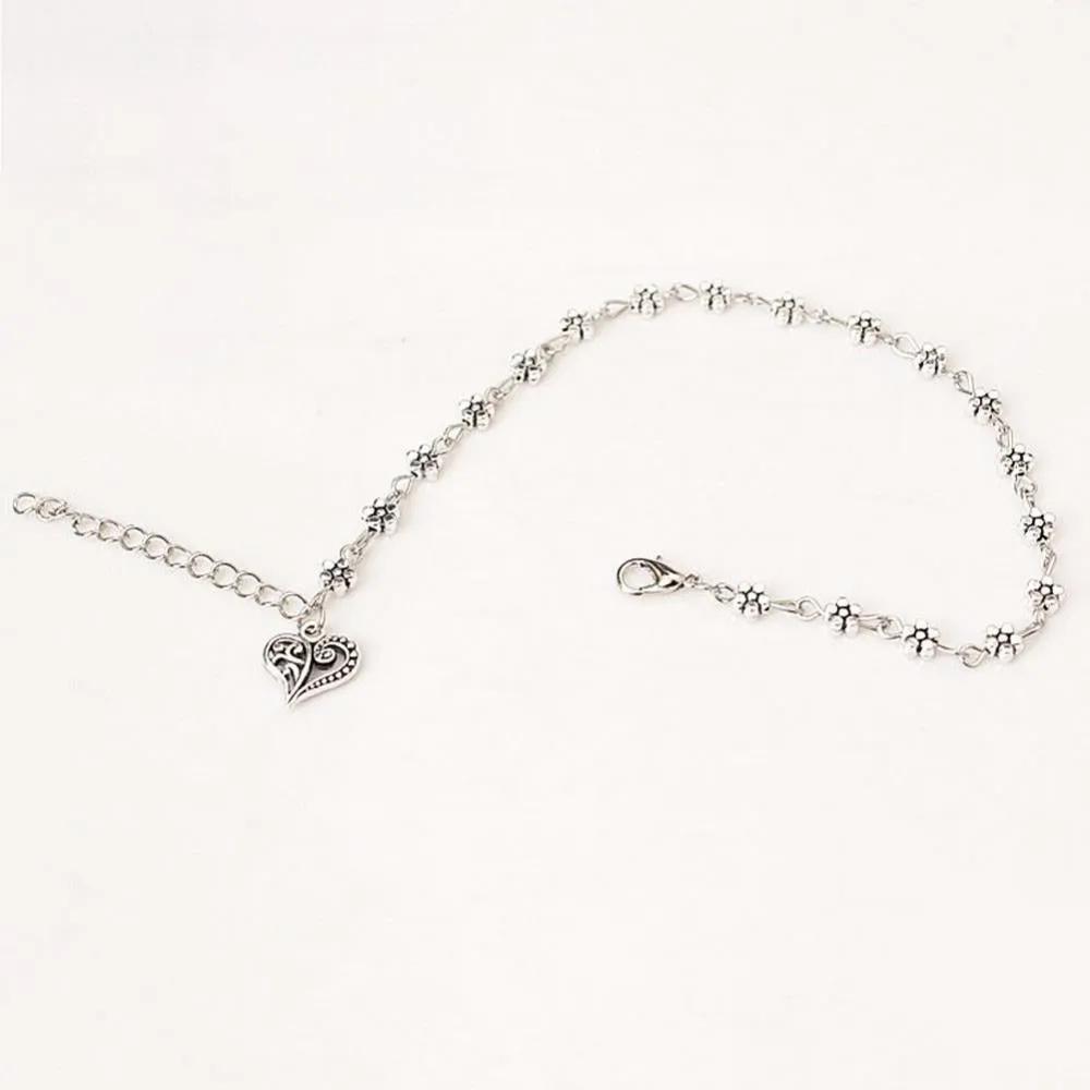 Fashion Foot Chain Tibetan Silver Hollow Plum Flowers Heart-Shaped Anklet For Women