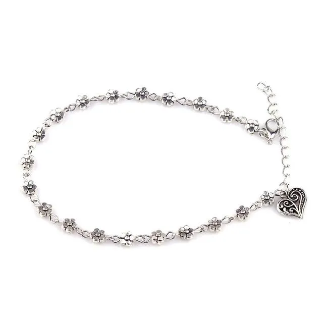 Fashion Foot Chain Tibetan Silver Hollow Plum Flowers Heart-Shaped Anklet For Women