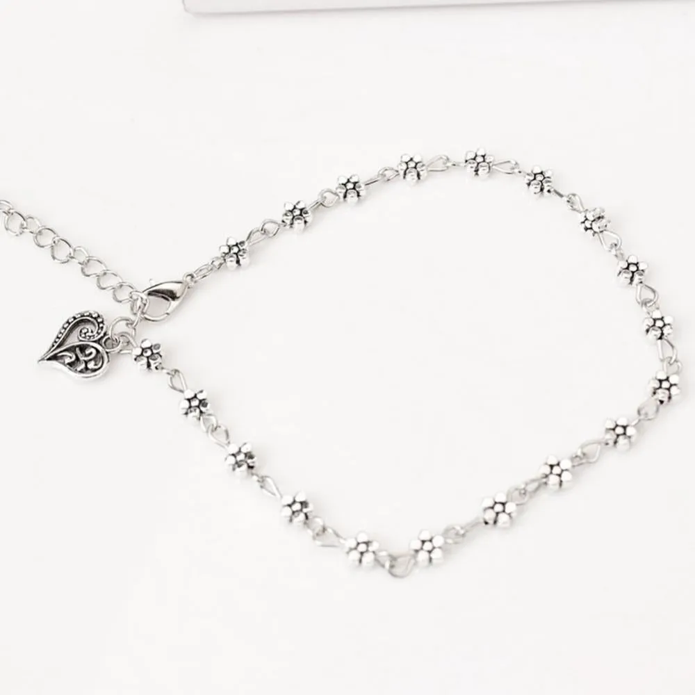 Fashion Foot Chain Tibetan Silver Hollow Plum Flowers Heart-Shaped Anklet For Women
