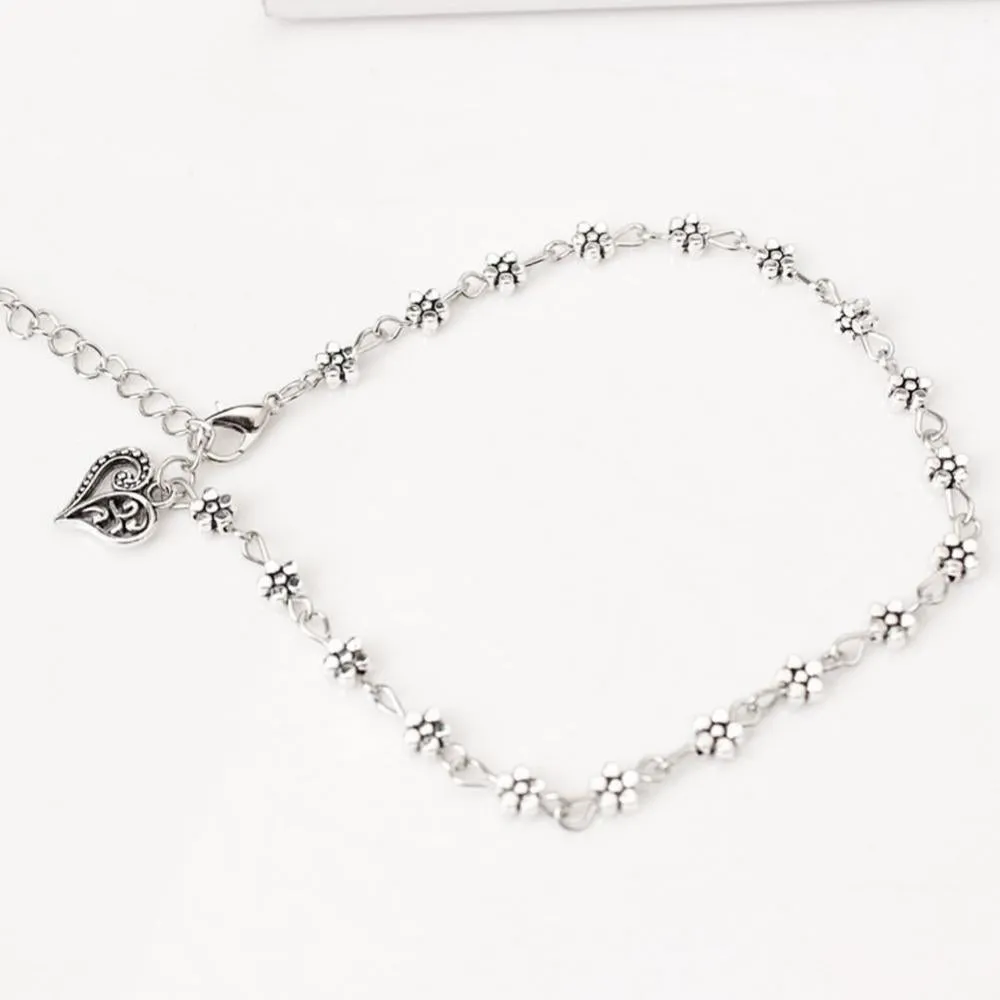 Fashion Foot Chain Tibetan Silver Hollow Plum Flowers Heart-Shaped Anklet For Women