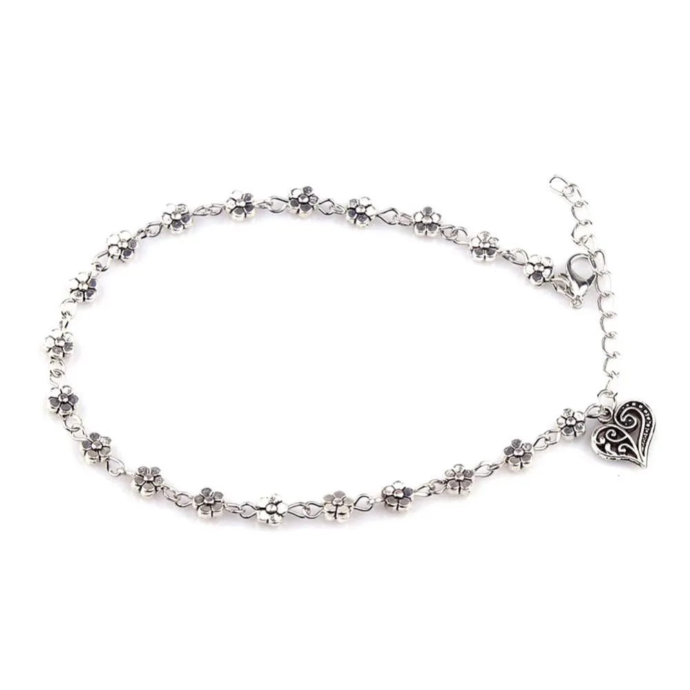 Fashion Foot Chain Tibetan Silver Hollow Plum Flowers Heart-Shaped Anklet For Women