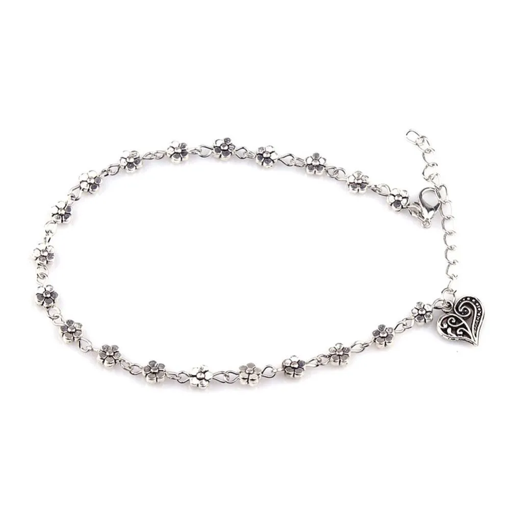 Fashion Foot Chain Tibetan Silver Hollow Plum Flowers Heart-Shaped Anklet For Women
