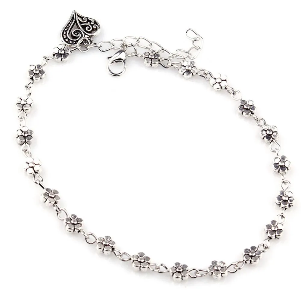 Fashion Foot Chain Tibetan Silver Hollow Plum Flowers Heart-Shaped Anklet For Women