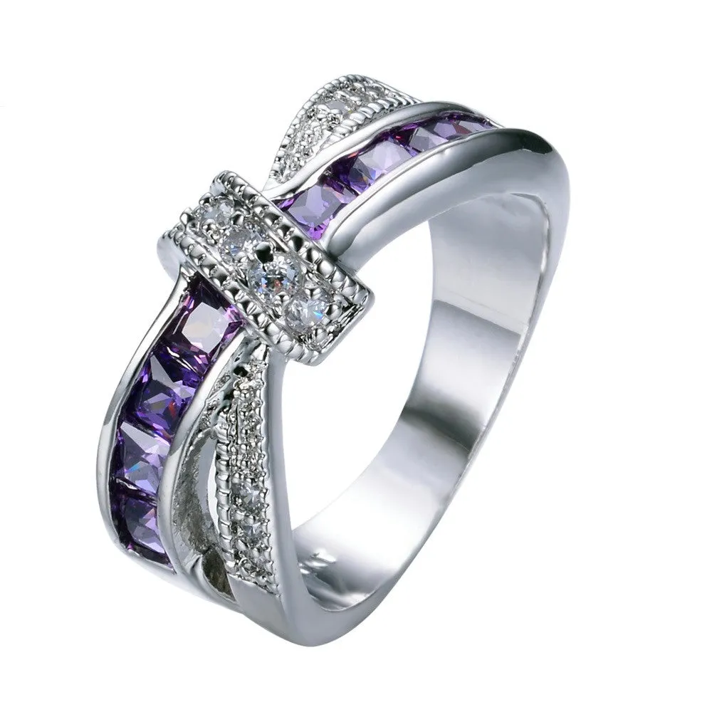 Female Purple Cross Ring Fashion White & Black Gold Filled Jewelry Vintage Wedding Rings For Women Birthday Stone Gifts