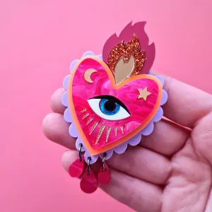 Flaming Heart Statement Necklace - Pink Neon Orange by Cherryloco Jewellery
