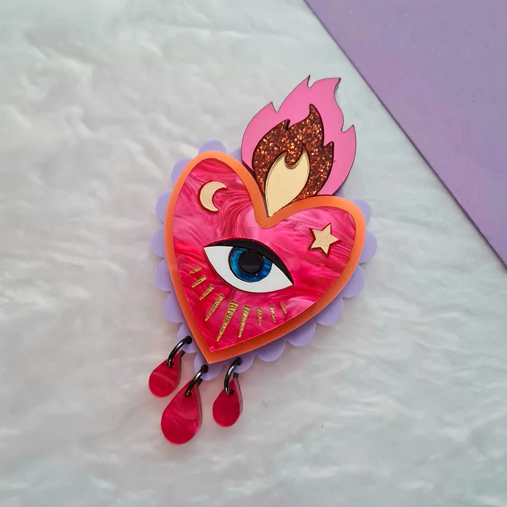 Flaming Heart Statement Necklace - Pink Neon Orange by Cherryloco Jewellery