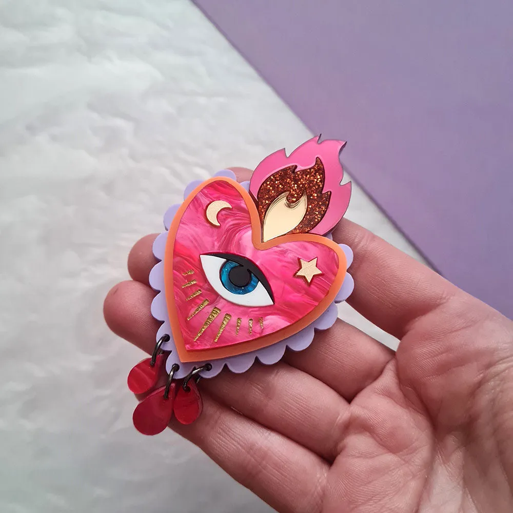 Flaming Heart Statement Necklace - Pink Neon Orange by Cherryloco Jewellery
