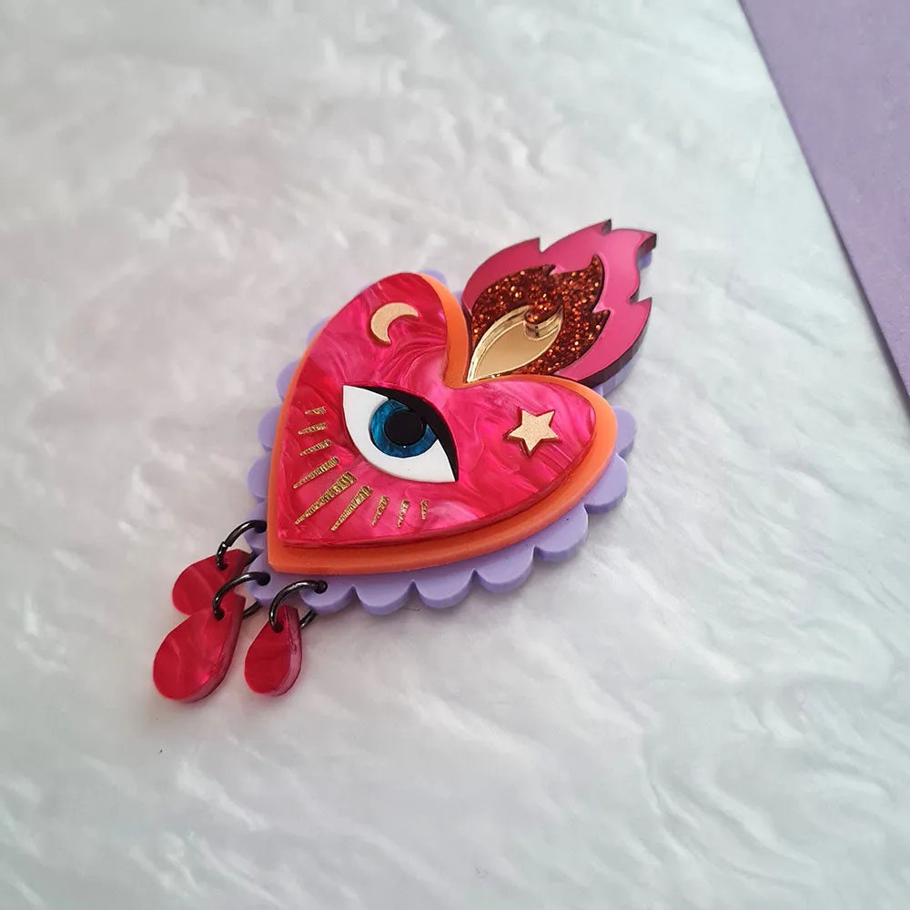 Flaming Heart Statement Necklace - Pink Neon Orange by Cherryloco Jewellery