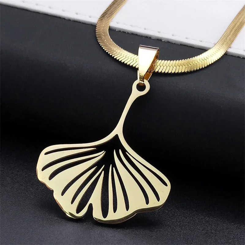 Gingko Leaf Pendant Necklace for Women Men Stainless Steel Gold Color Ginkgo Biloba Leaf Chain Necklaces