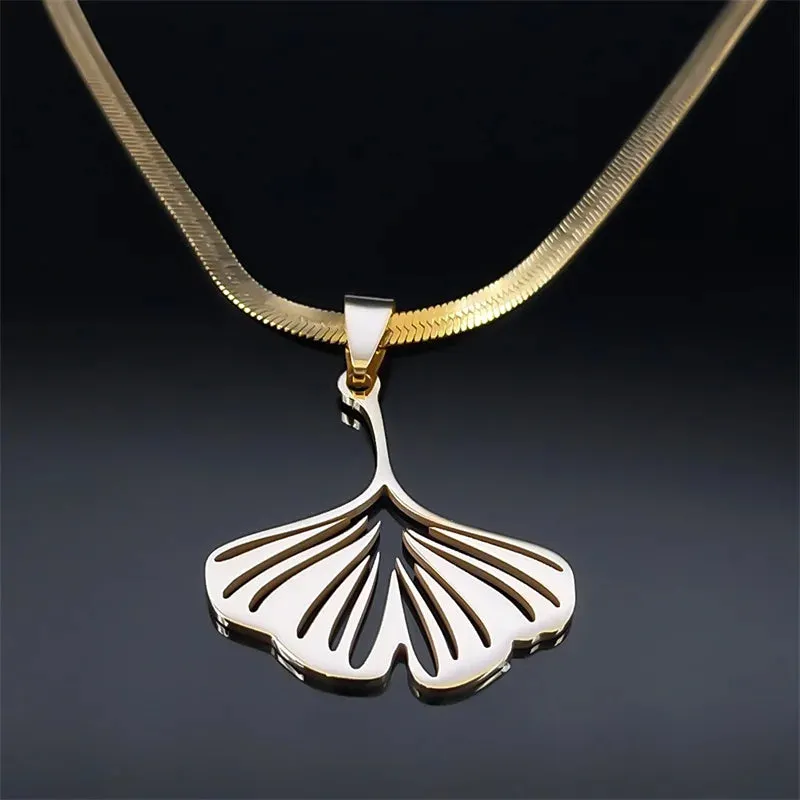 Gingko Leaf Pendant Necklace for Women Men Stainless Steel Gold Color Ginkgo Biloba Leaf Chain Necklaces
