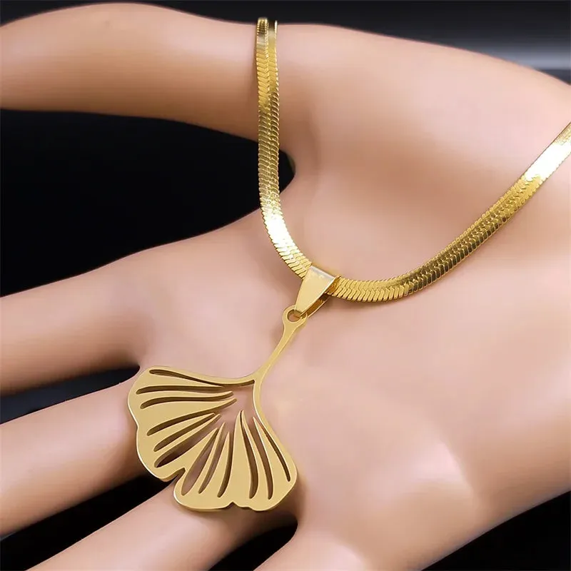 Gingko Leaf Pendant Necklace for Women Men Stainless Steel Gold Color Ginkgo Biloba Leaf Chain Necklaces