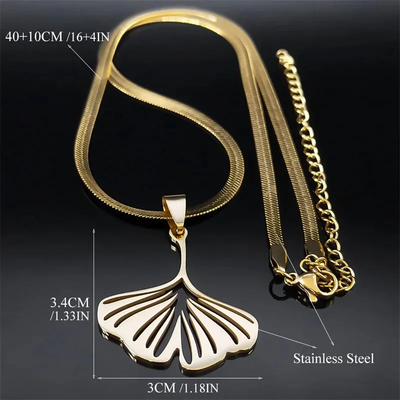 Gingko Leaf Pendant Necklace for Women Men Stainless Steel Gold Color Ginkgo Biloba Leaf Chain Necklaces