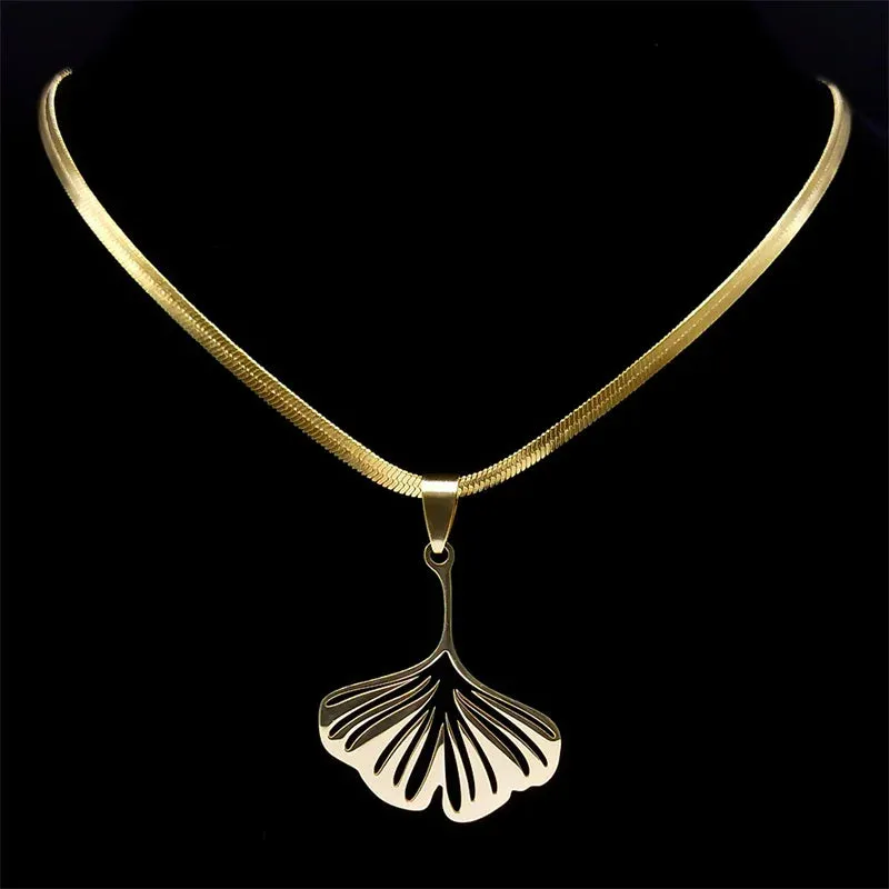 Gingko Leaf Pendant Necklace for Women Men Stainless Steel Gold Color Ginkgo Biloba Leaf Chain Necklaces