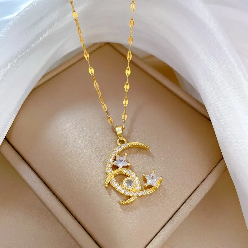 Gold Color Romantic Shine Zircon Moon Star Pendant Necklace For Women