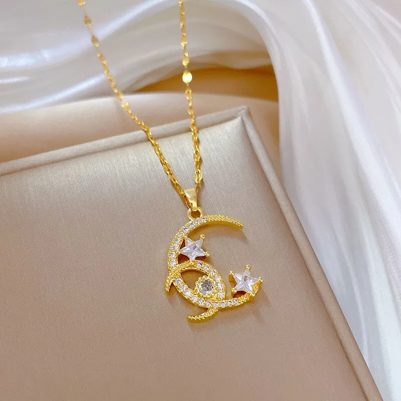 Gold Color Romantic Shine Zircon Moon Star Pendant Necklace For Women