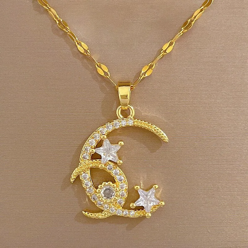 Gold Color Romantic Shine Zircon Moon Star Pendant Necklace For Women